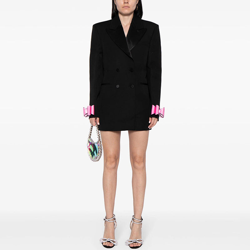 Double-Breasted Satin Long Blazer With Bow Tie
