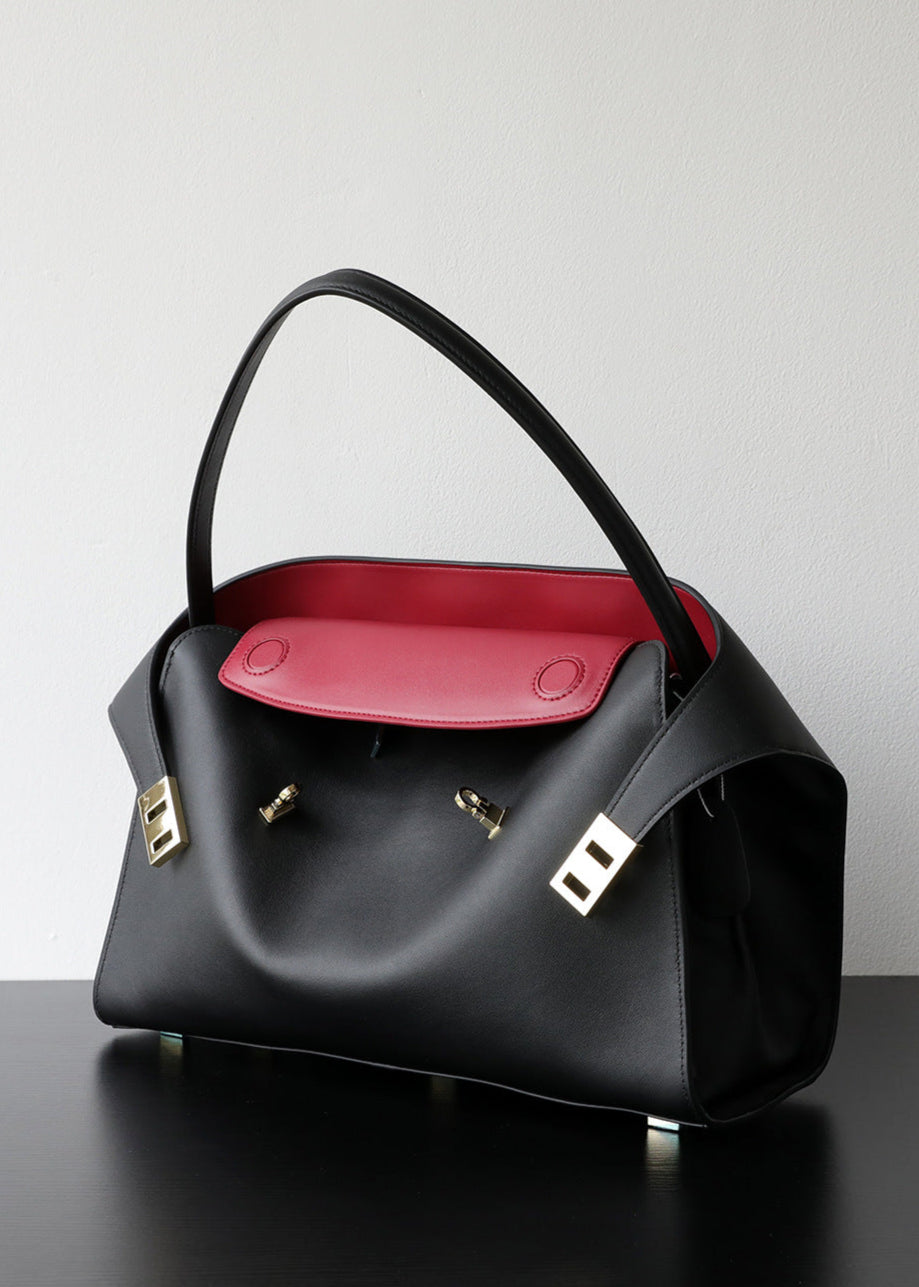 Black Leather Tote Bag with Gold Accents