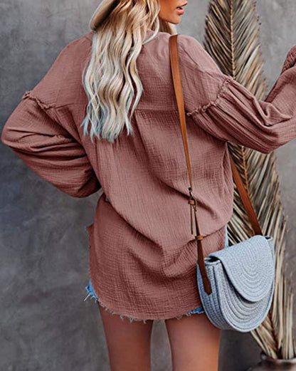 Solid Color Mosaic Lantern Sleeve Button V-Neck Casual Shirt Woman