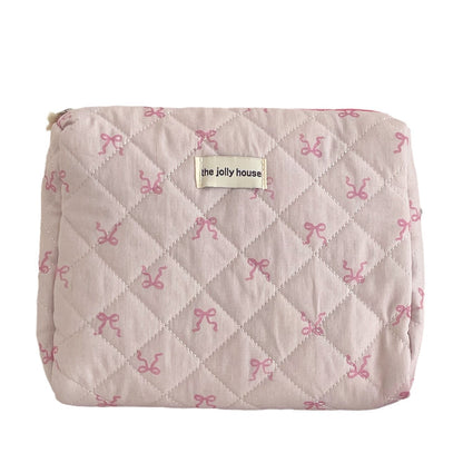 Pink Ribbon Bow Makeup Bag Quilted Pouch