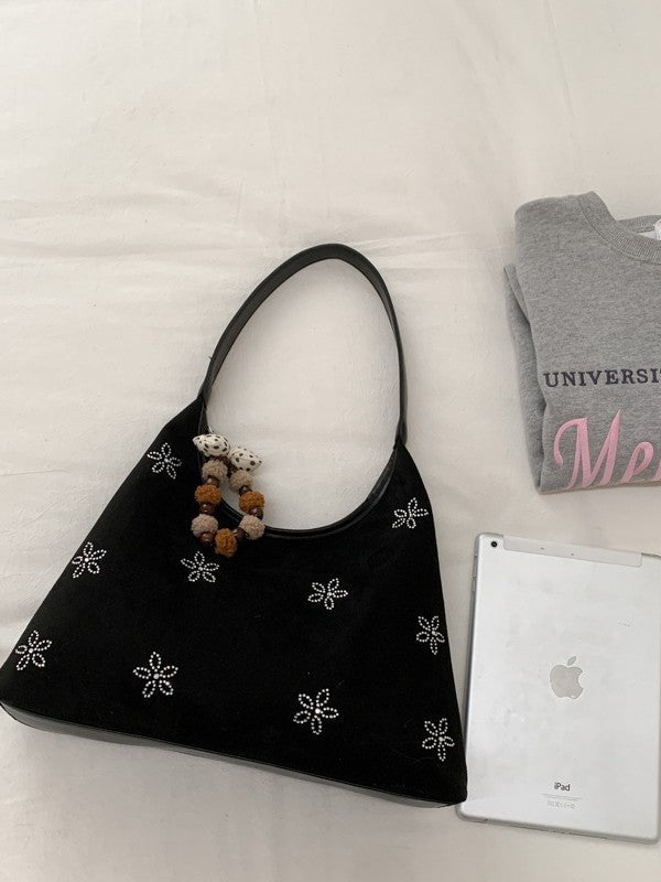 Floral Rhinestone Shoulder Bag Trendy Casual PU Handbag