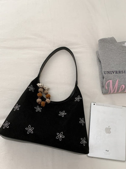 Floral Rhinestone Shoulder Bag Trendy Casual PU Handbag