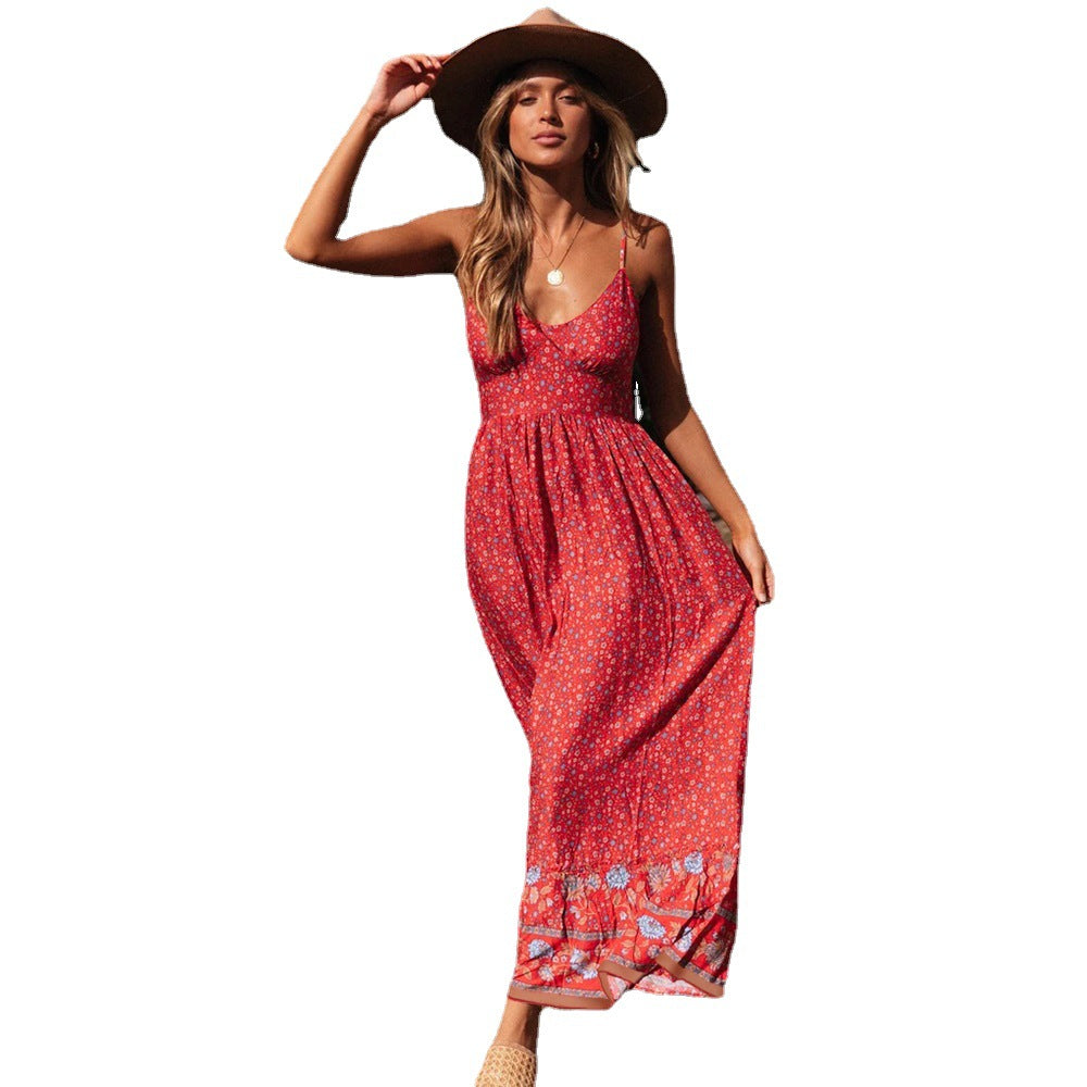Summer New Swing Skirt Women'S Bohemian V-Neck Suspenders Floral Dress