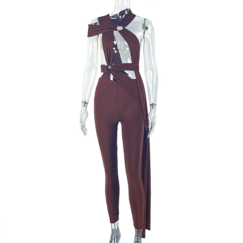 Stylish Hollow-Out Bodysuit With Metal Accent For Women