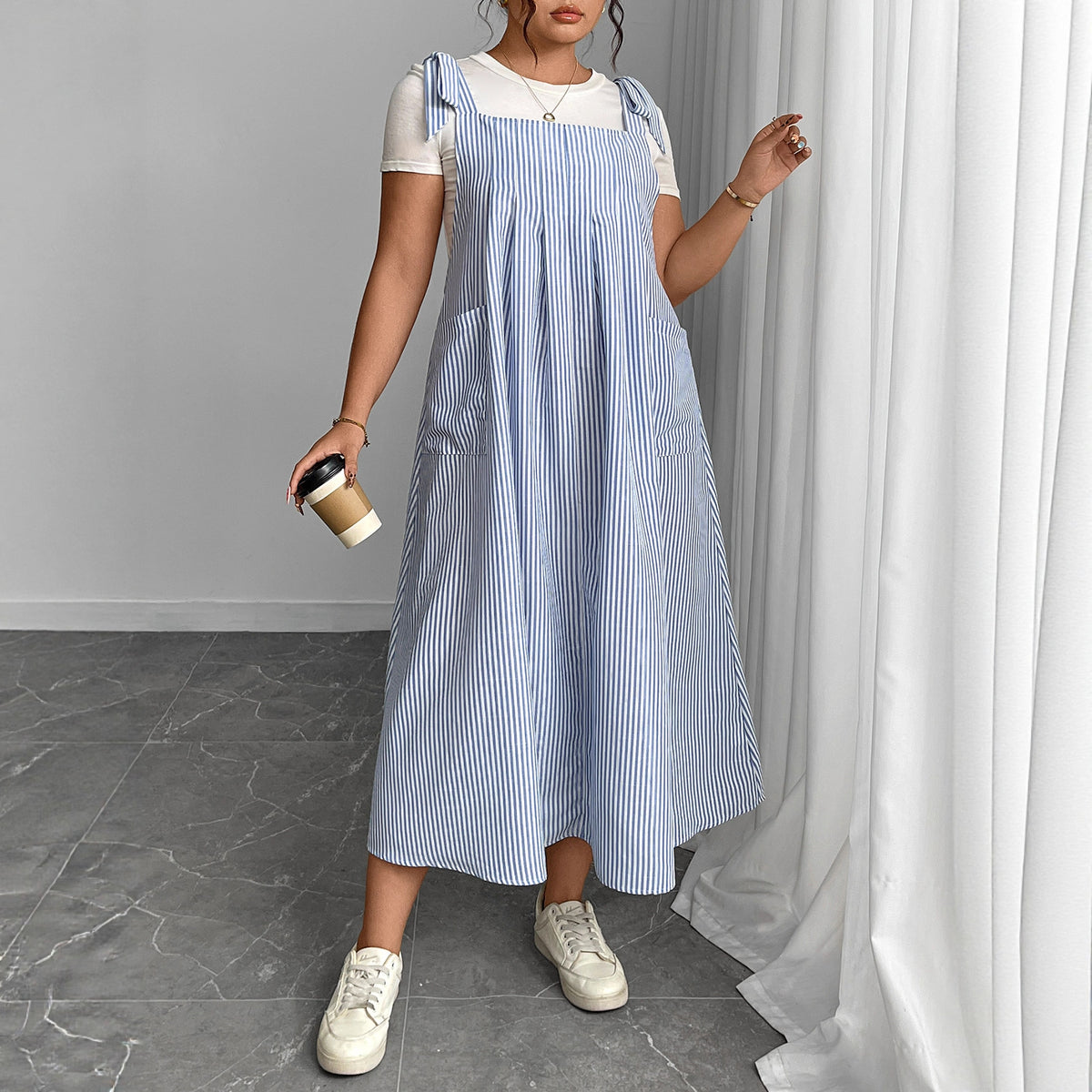 Blue Striped Suspender Dress Plus Size Comfortable Casual Dress
