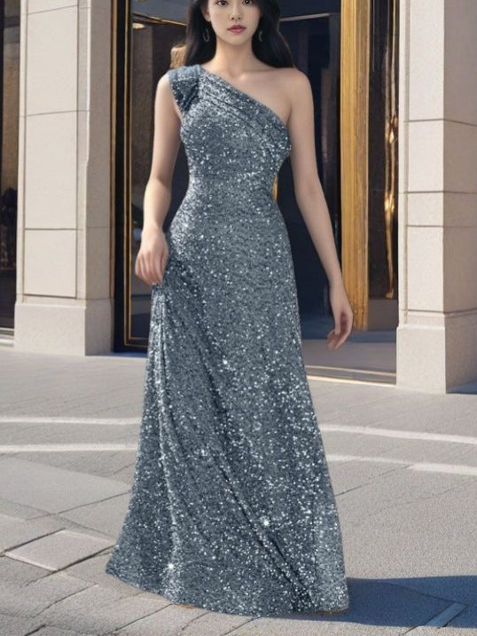 Silver Sequin A-Line Maxi Dress With One Shoulder Design
