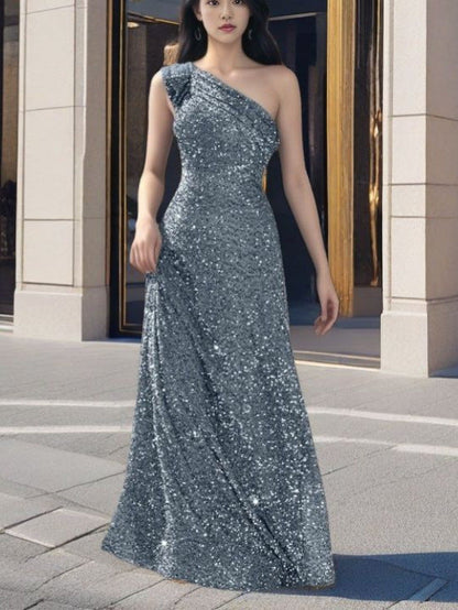Silver Sequin A-Line Maxi Dress With One Shoulder Design