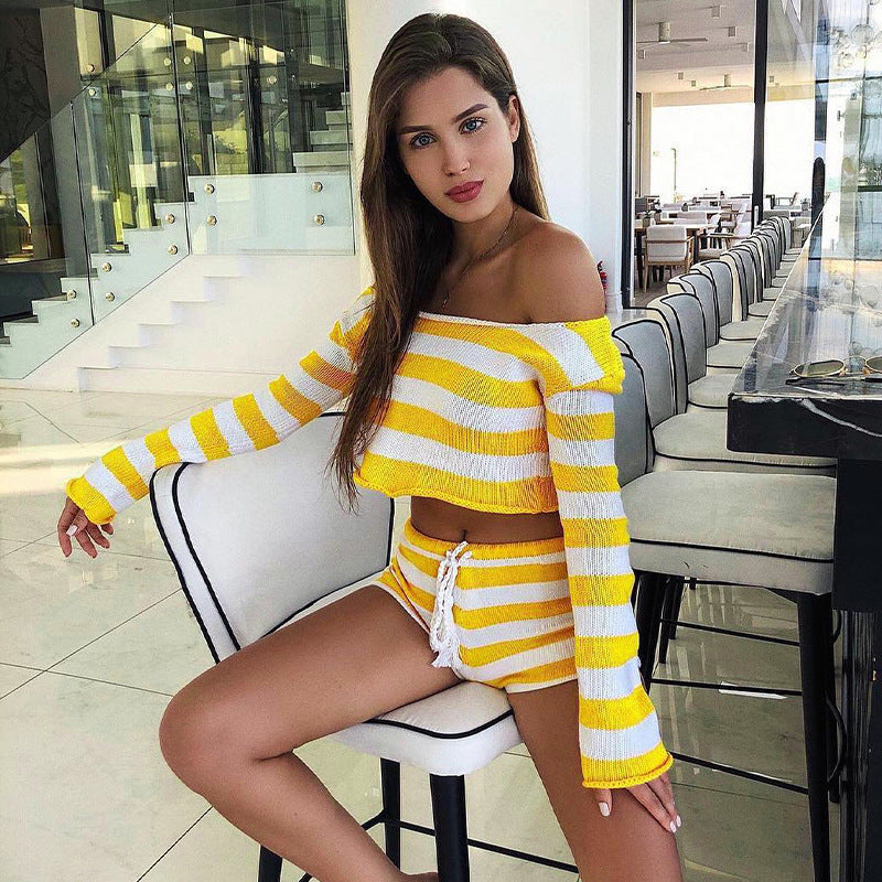 Knitted Striped Shorts Set Women'S New Long Sleeve Short Top Crop Crop Navel Sexy Two-Piece Set