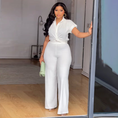 Casual Two-Piece Solid Color Short Sleeve Blouse And High Waist Pants Set