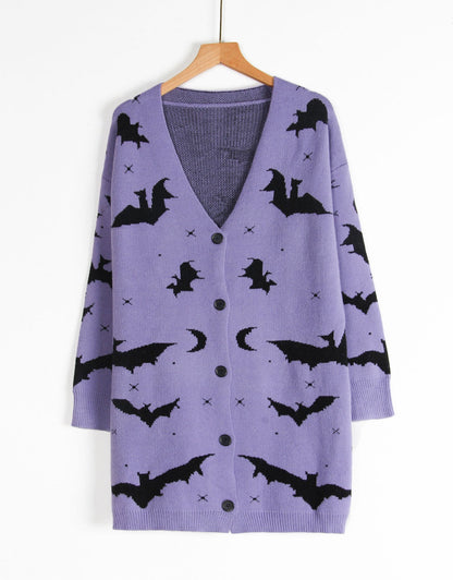 Halloween Bat Jacquard Long Knit Cardigan