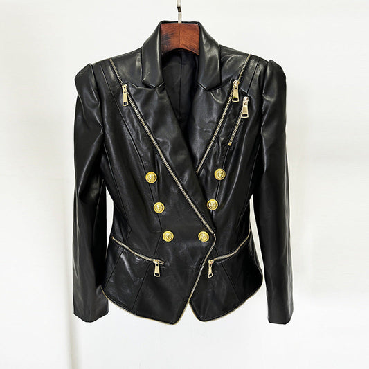 Double-Breasted Slim Fit PU Leather Blazer