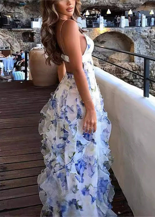Floral Ruffle Maxi Dress Lightweight Blue Fabric