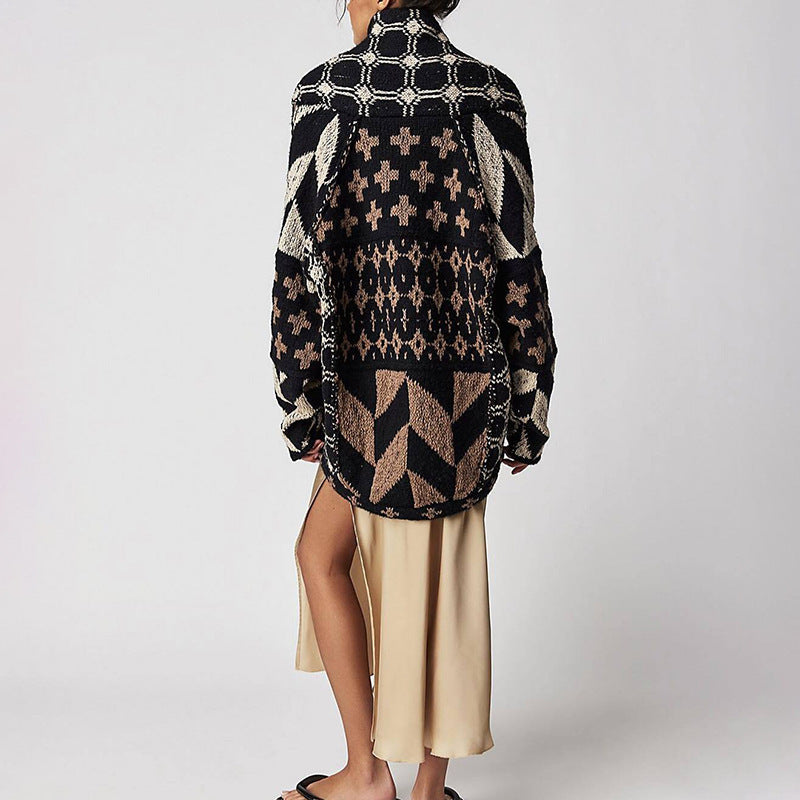 Vintage Floral Print Lapel Collar Loose Cardigan
