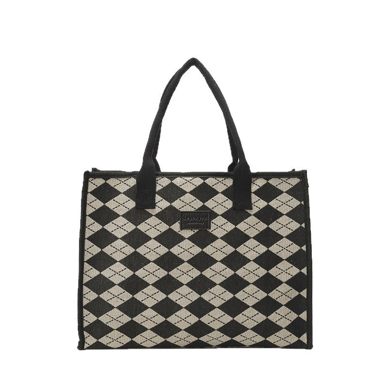 Large Houndstooth Woven Tote Bag Stylish Everyday Shoulder Bag