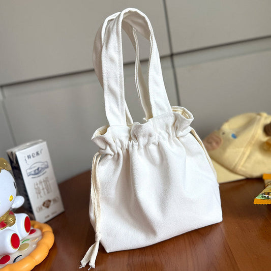 White Canvas Tote Bag Casual Chic Drawstring Shoulder Bag