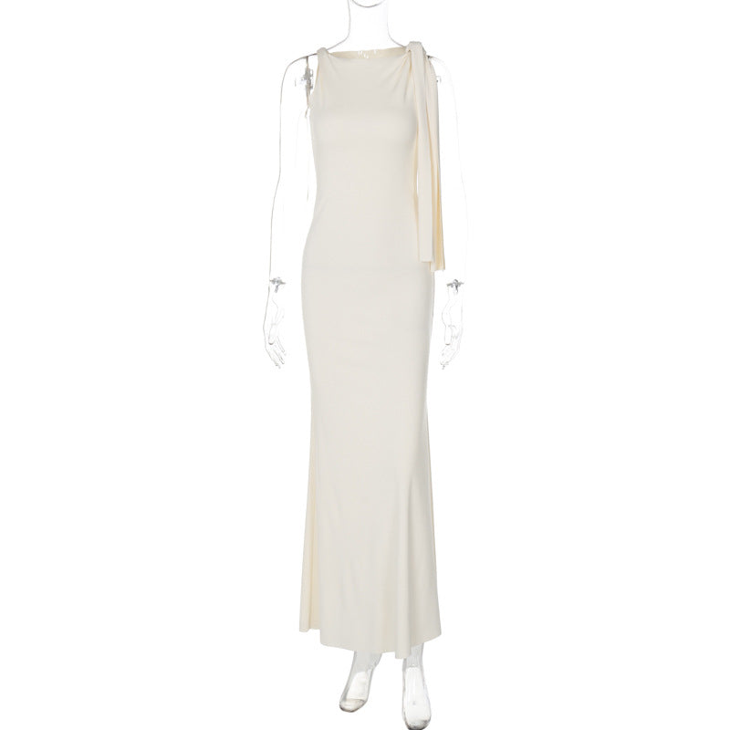 Fashionable Solid Color One-Shoulder Dress with Shoulder Tie
