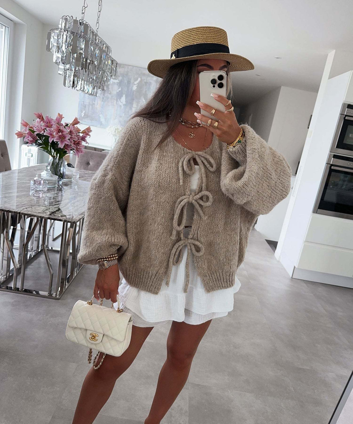 Crew Neck Lace-Up Knitted Cardigan Jacket Autumn And Winter New Solid Color Commuting Simple Sweater Women