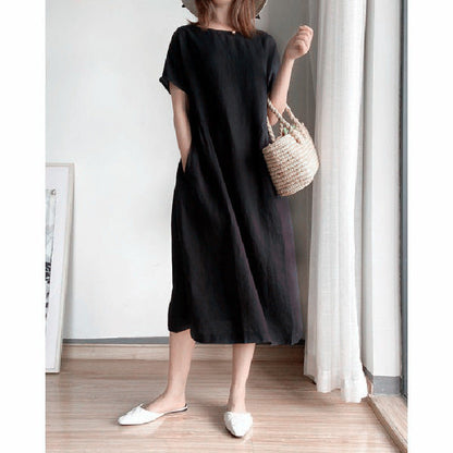 Cotton And Linen Solid Color Plus Size Dress Women'S Summer Loose Japanese Mid-Length Skirt Women