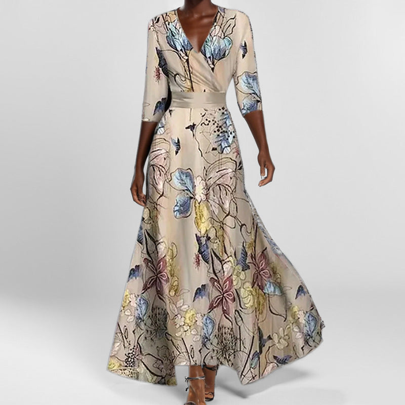 Elegant V-Neck Floral Print Midi Dress