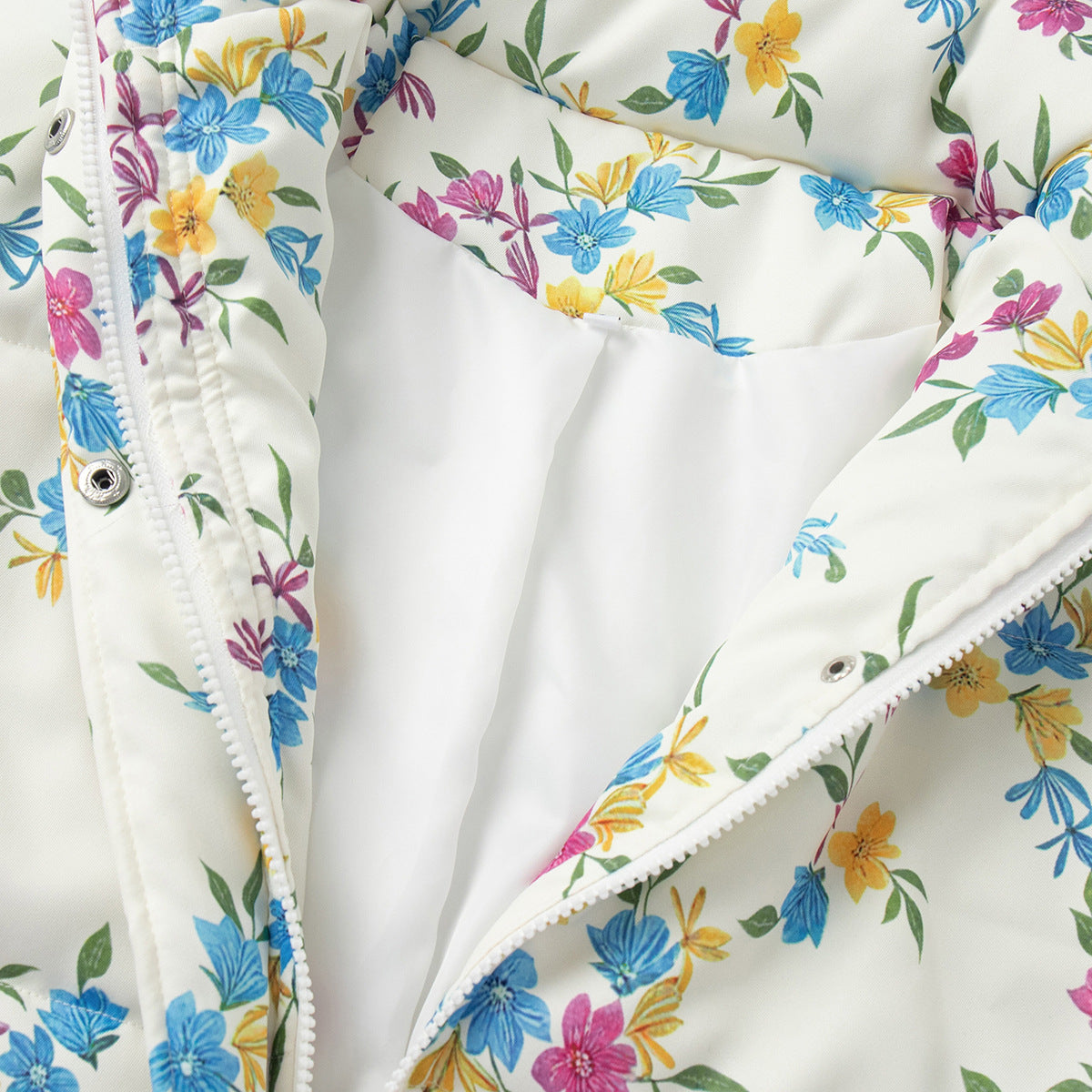 Floral Print Stand Collar Zipper Cotton Padded Jacket