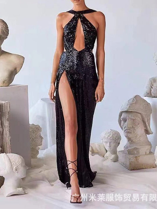 Sequined Halter Neck Dress Elegant Evening Gown