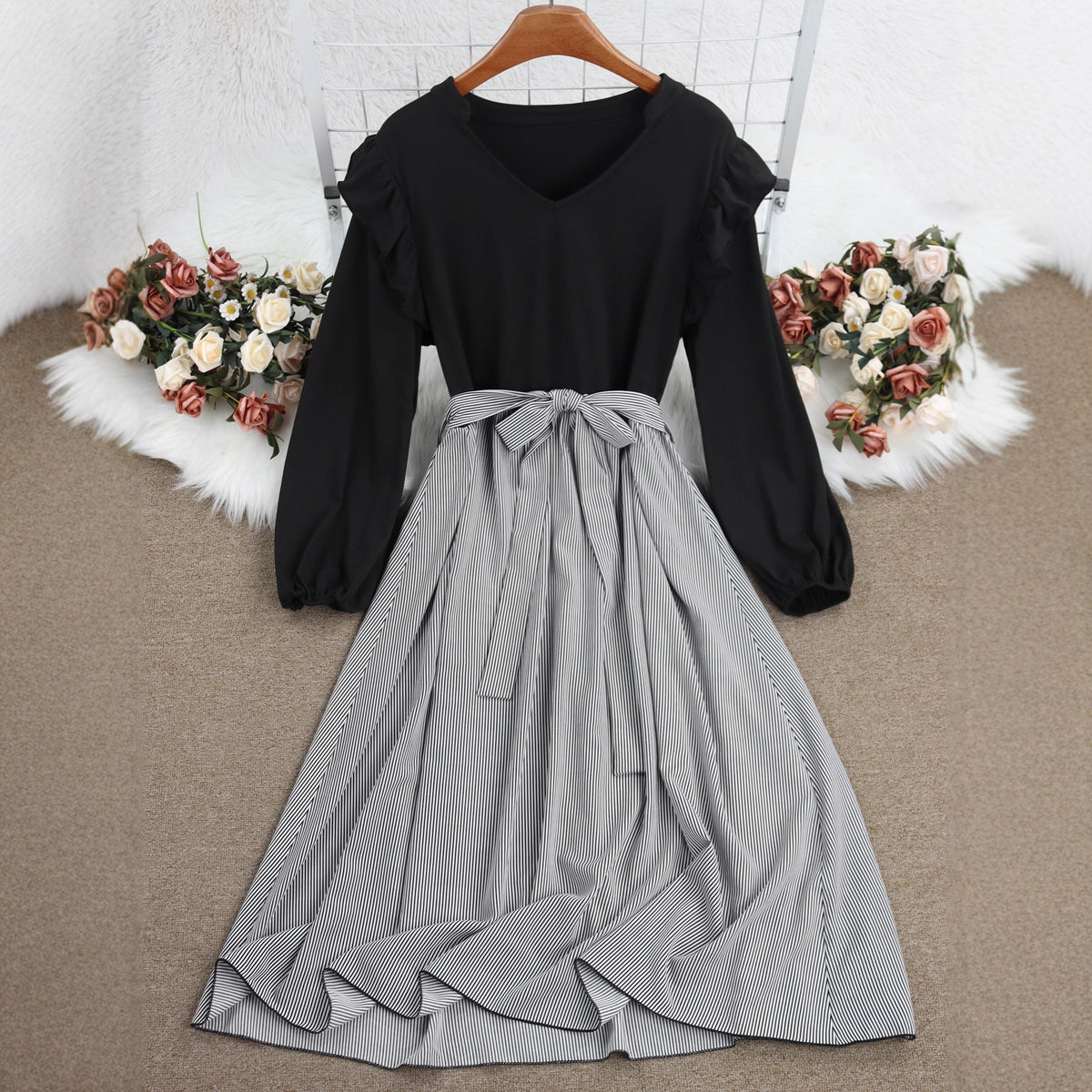 Striped A-Line Dress with Long Sleeves and Tie Waist