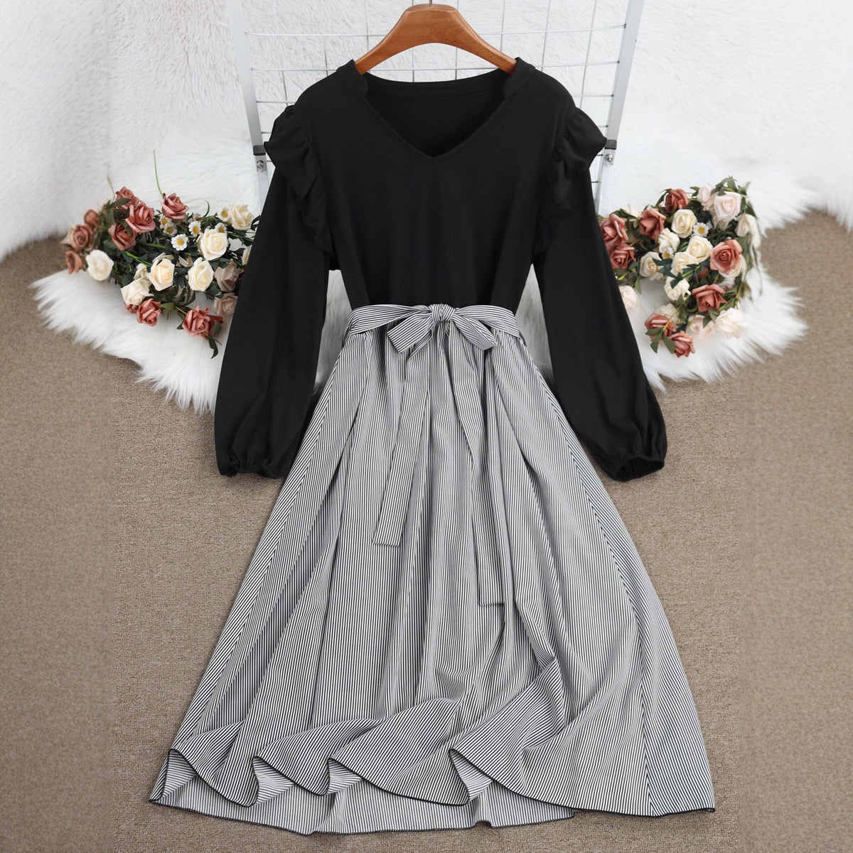 Striped A-Line Dress With Long Sleeves And Tie Waist