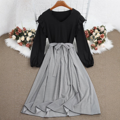 Striped A-Line Dress With Long Sleeves And Tie Waist