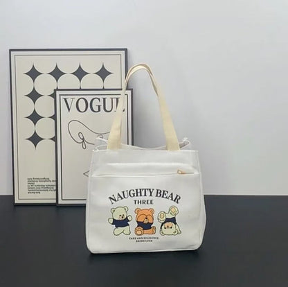 Teddy Bear Canvas Lunch Bag Large Capacity Student Tote Bag