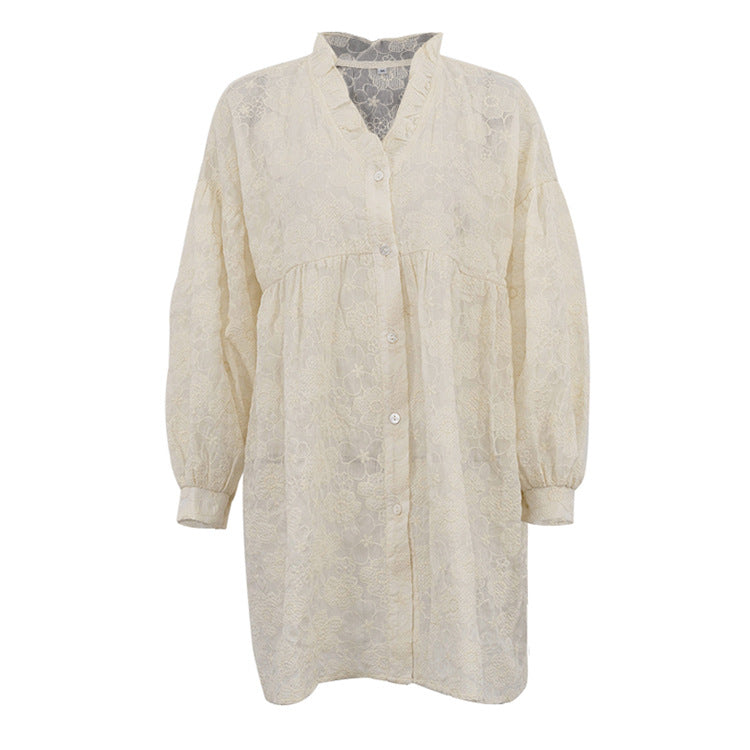 Flower Jacquard Lantern Sleeves Sweet Mini Dress