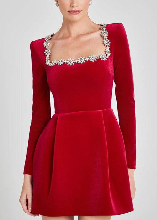 Floral Embellished Red Mini Dress With Long Sleeves