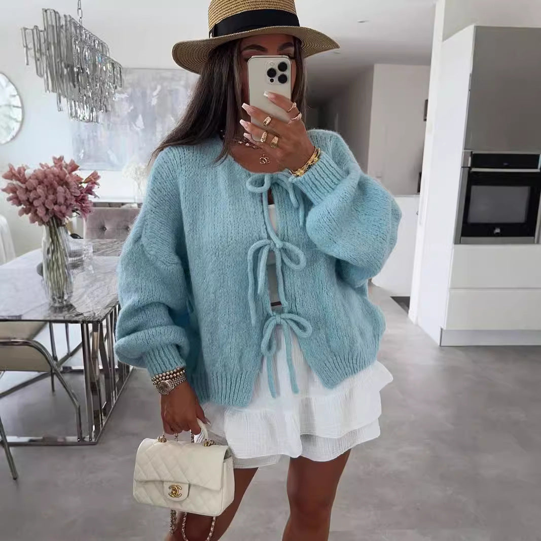 Crew Neck Lace-Up Knitted Cardigan Jacket Autumn And Winter New Solid Color Commuting Simple Sweater Women