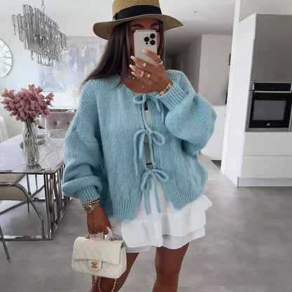 Crew Neck Lace-Up Knitted Cardigan Jacket Autumn And Winter New Solid Color Commuting Simple Sweater Women