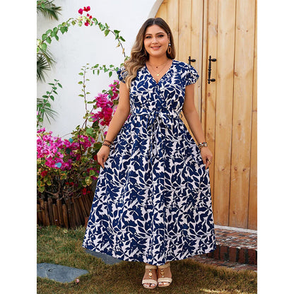 Plus Size Floral Print V-Neck Short Sleeve Dress