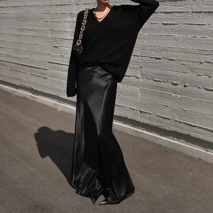 Elegant High-Waisted Satin Bodycon Midi Skirt