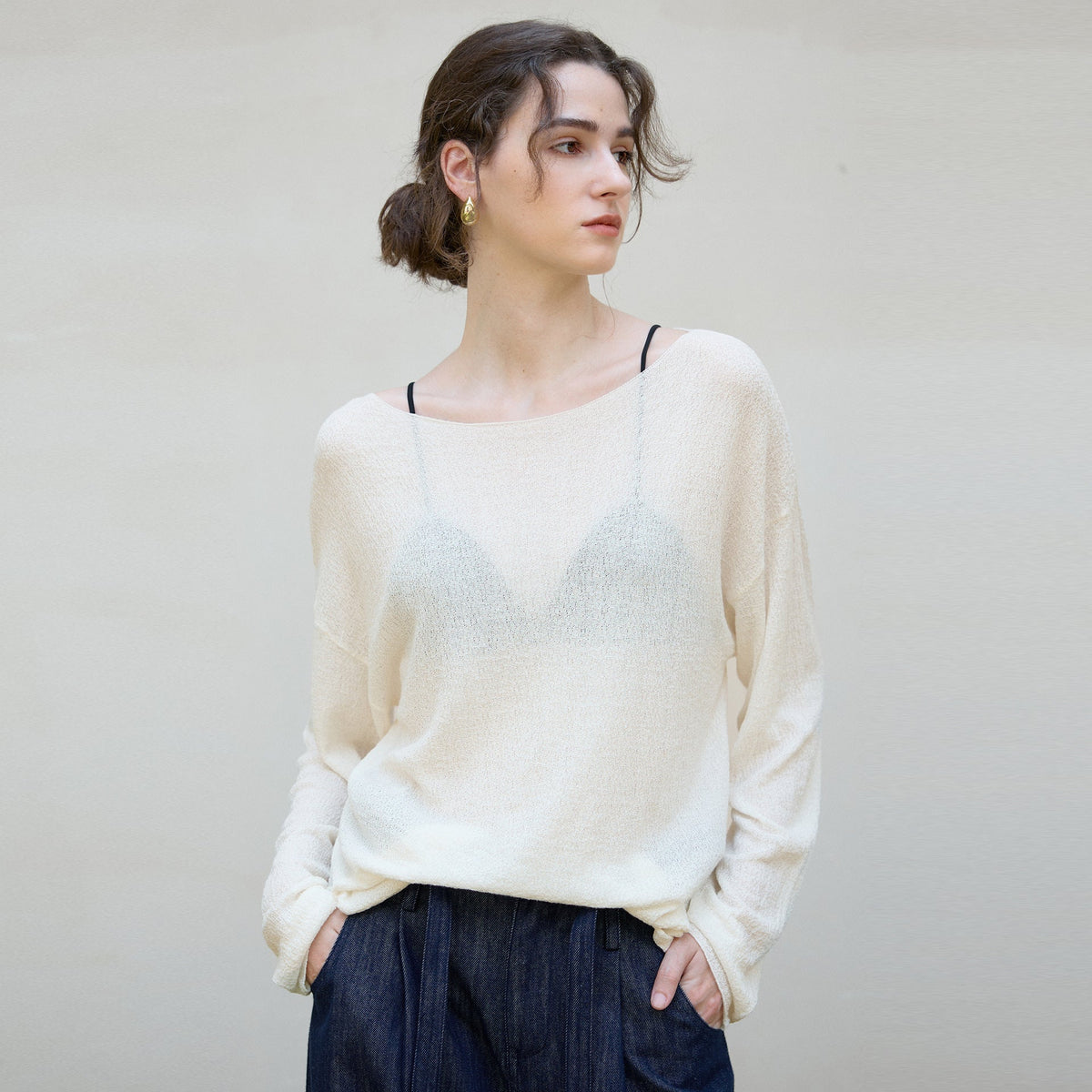 Elegant Loose-Fit Tencel Wool Blend Long Sleeve Top