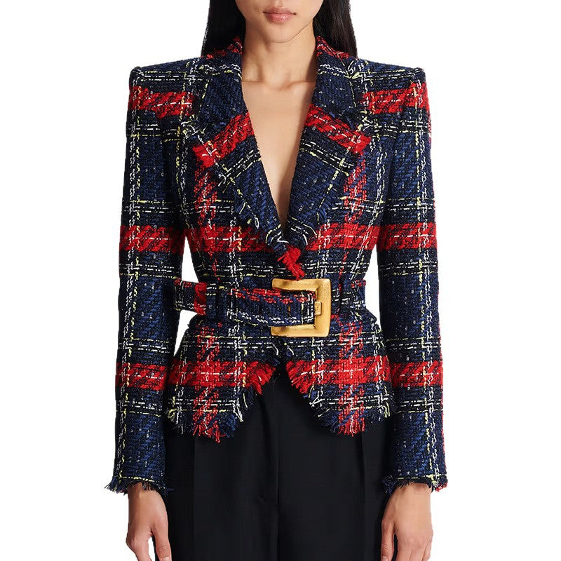 Trendy Checkered Tweed Blazer With Waist Tie