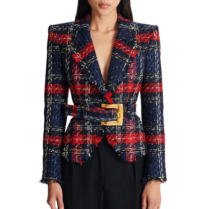 Trendy Checkered Tweed Blazer With Waist Tie