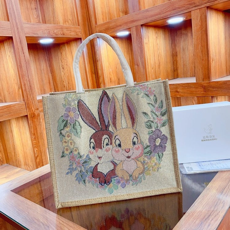 Linen Tote Bag Cute Cartoon Embroidery Large Capacity