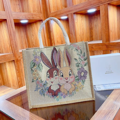 Linen Tote Bag Cute Cartoon Embroidery Large Capacity
