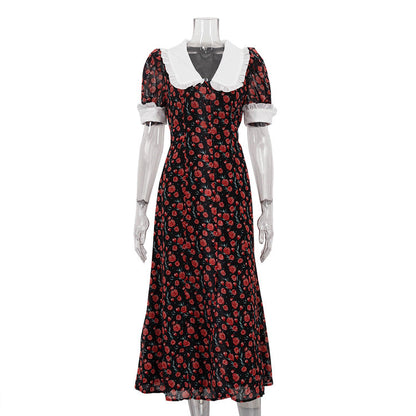 French Floral Print A-Line Dress With Peter Pan Collar