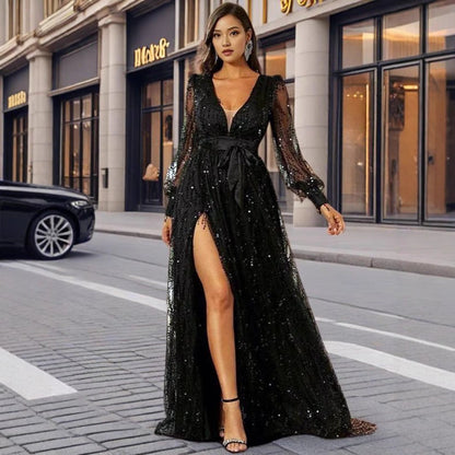 Elegant V-Neck Sequin Maxi Dress Party Gown