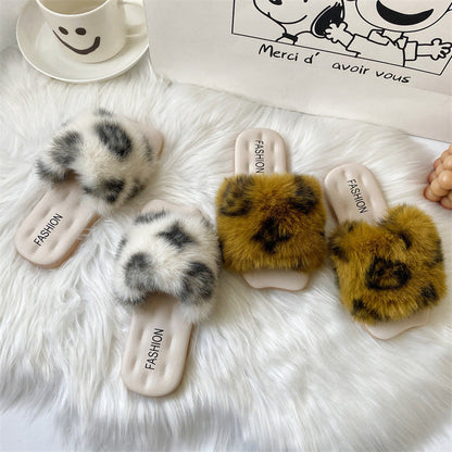 Fuzzy Faux Fur Leopard Print Slippers