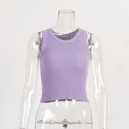 Knitted Tank Top For Women Solid Color Ribbed Fitted Casual Top
