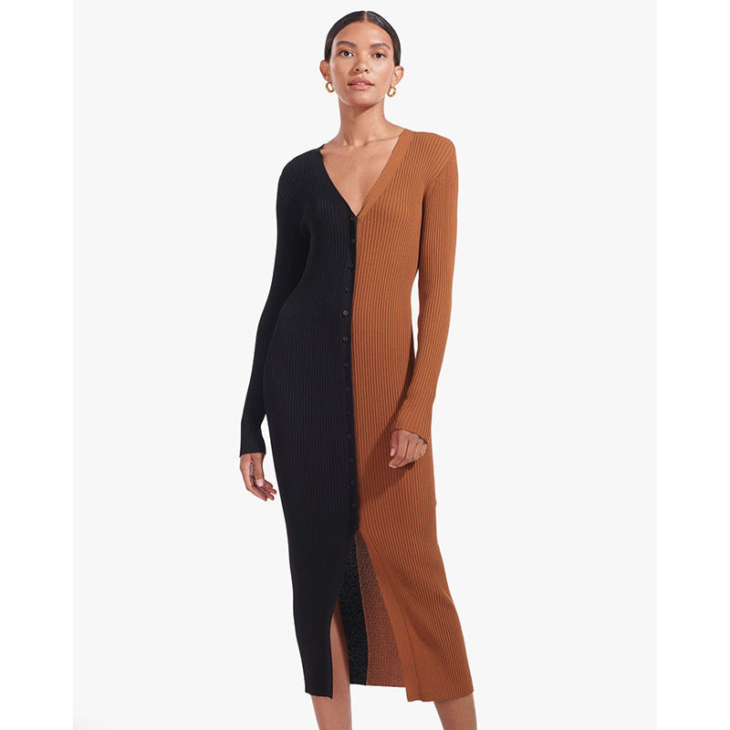 Women'S Autumn New Temperament Commuter Color Matching Button High Waist Long Dress