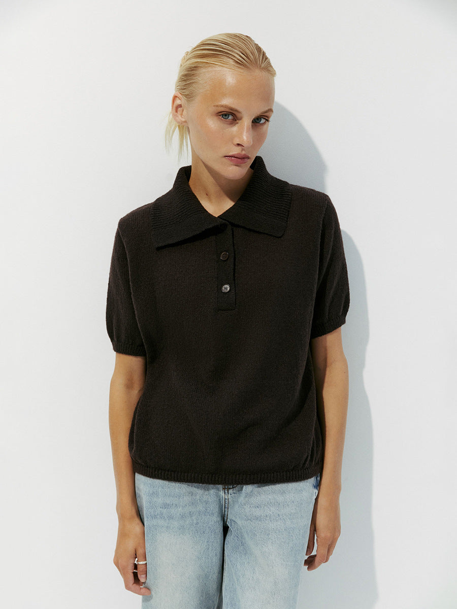 Knitted Polo Short Sleeve Sweater With Puff Sleeves