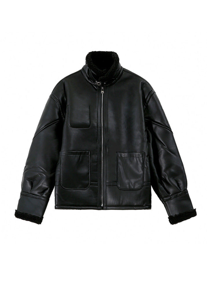 Faux Leather Aviator Jacket With Shearling Collar