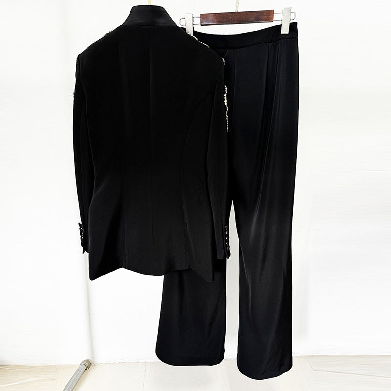 Trendy Black Blazer Suit Set With Sparkling Rhinestones