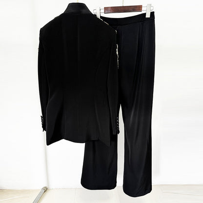 Trendy Black Blazer Suit Set With Sparkling Rhinestones