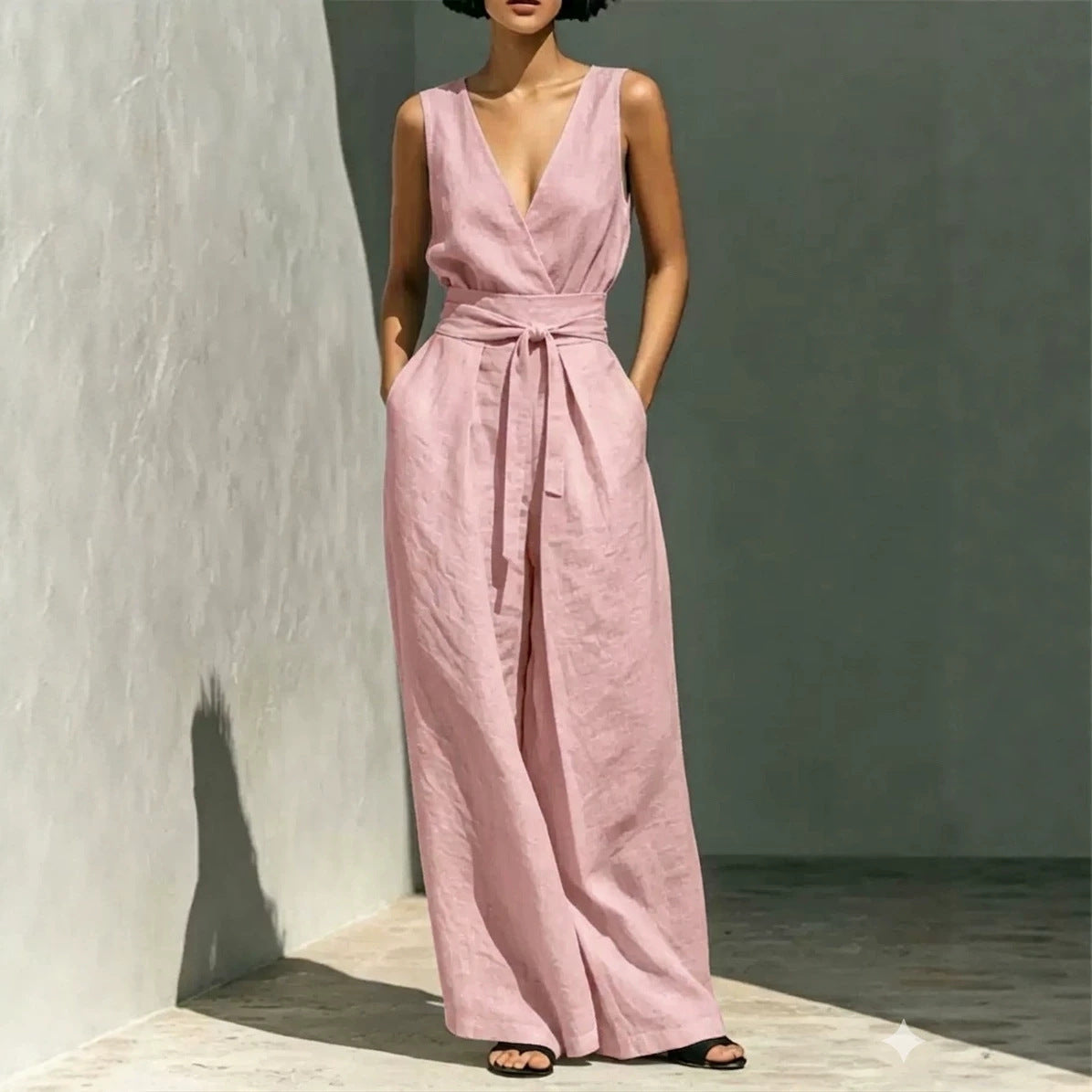 Linen Sleeveless Wrap V Neck Self Tie Belt Wide Leg Jumpsuit